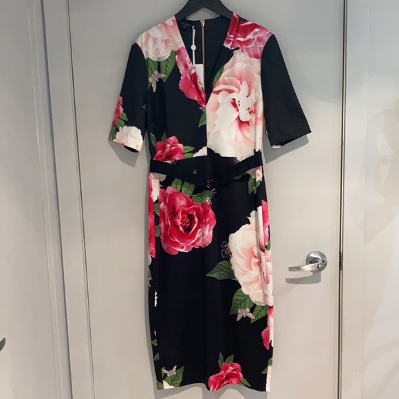 TED BAKER Gilanno Magnificent V neck Bodycon Dress Black Size 3 - Picture 3 of 9